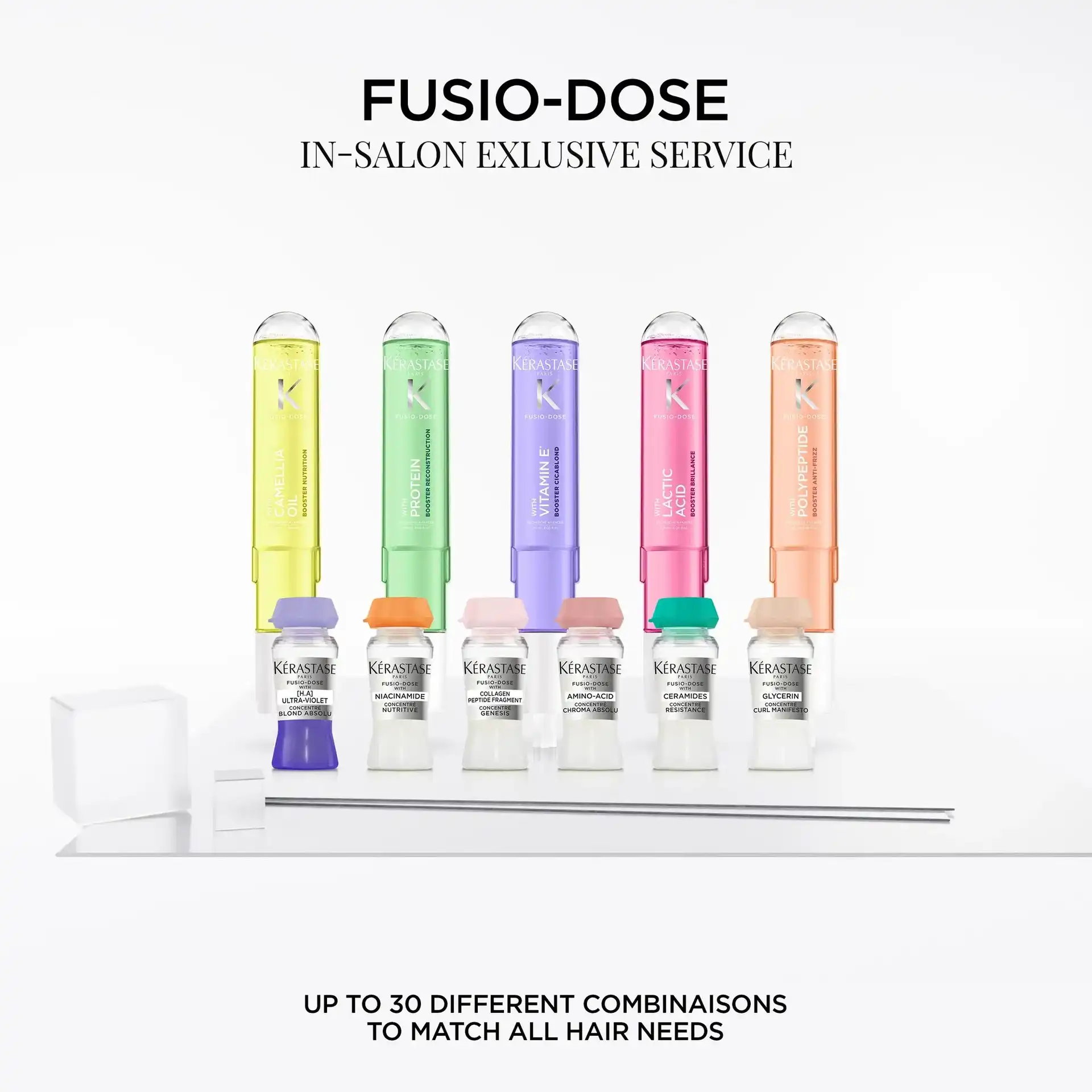 Kérastase Fusio-Dose hair treatments with customizable formulas on display.