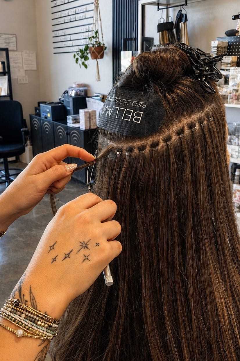 Hair extensions being applied at a salon; stylist's tattooed hand shown in detail.
