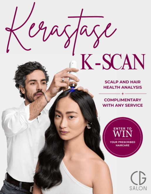 Man using a scalp scanner on a woman. Text offers scalp and hair analysis with service, plus a giveaway.