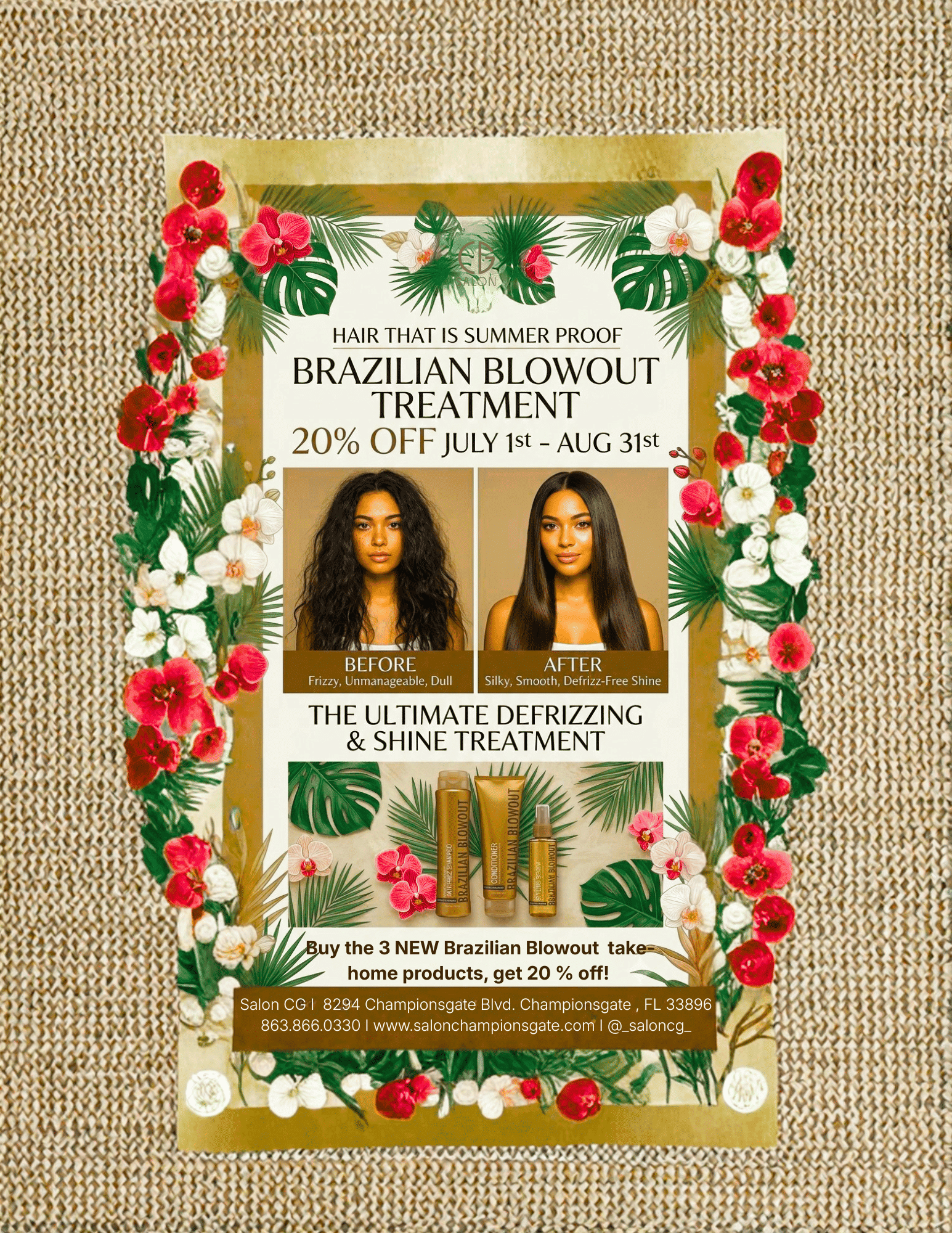Brazilian Blowout Treatment offer: 20% off from July 1st to August 31st. Transform frizzy hair.