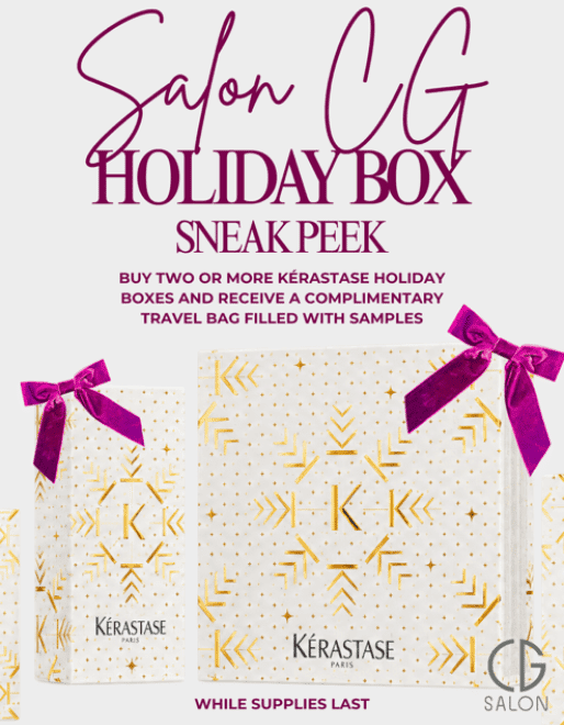 Salon CG holiday box offer. Buy two or more Kérastase boxes, get a complimentary travel bag.